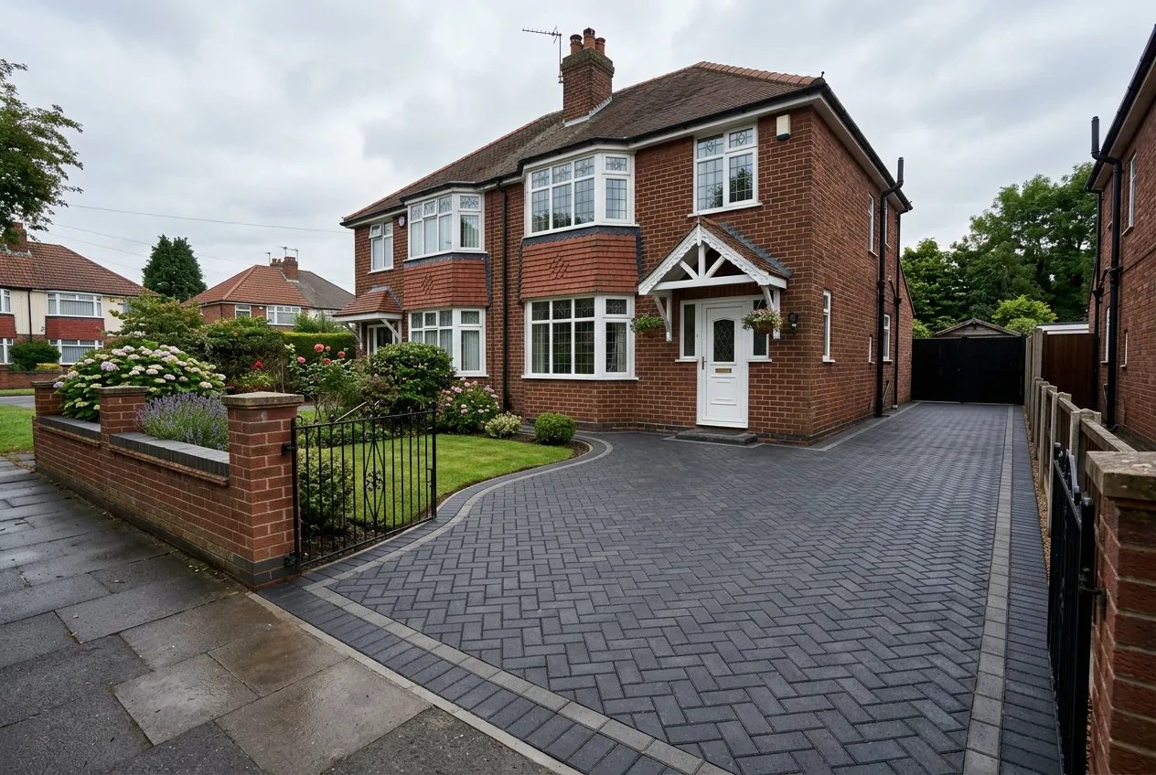 1930s red-brick semi in Coventry with a newly laid charcoal block paving driveway