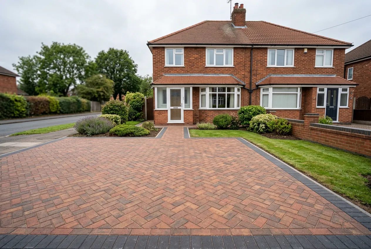 Brindle herringbone block paving driveway with charcoal border before a 1930s brick semi