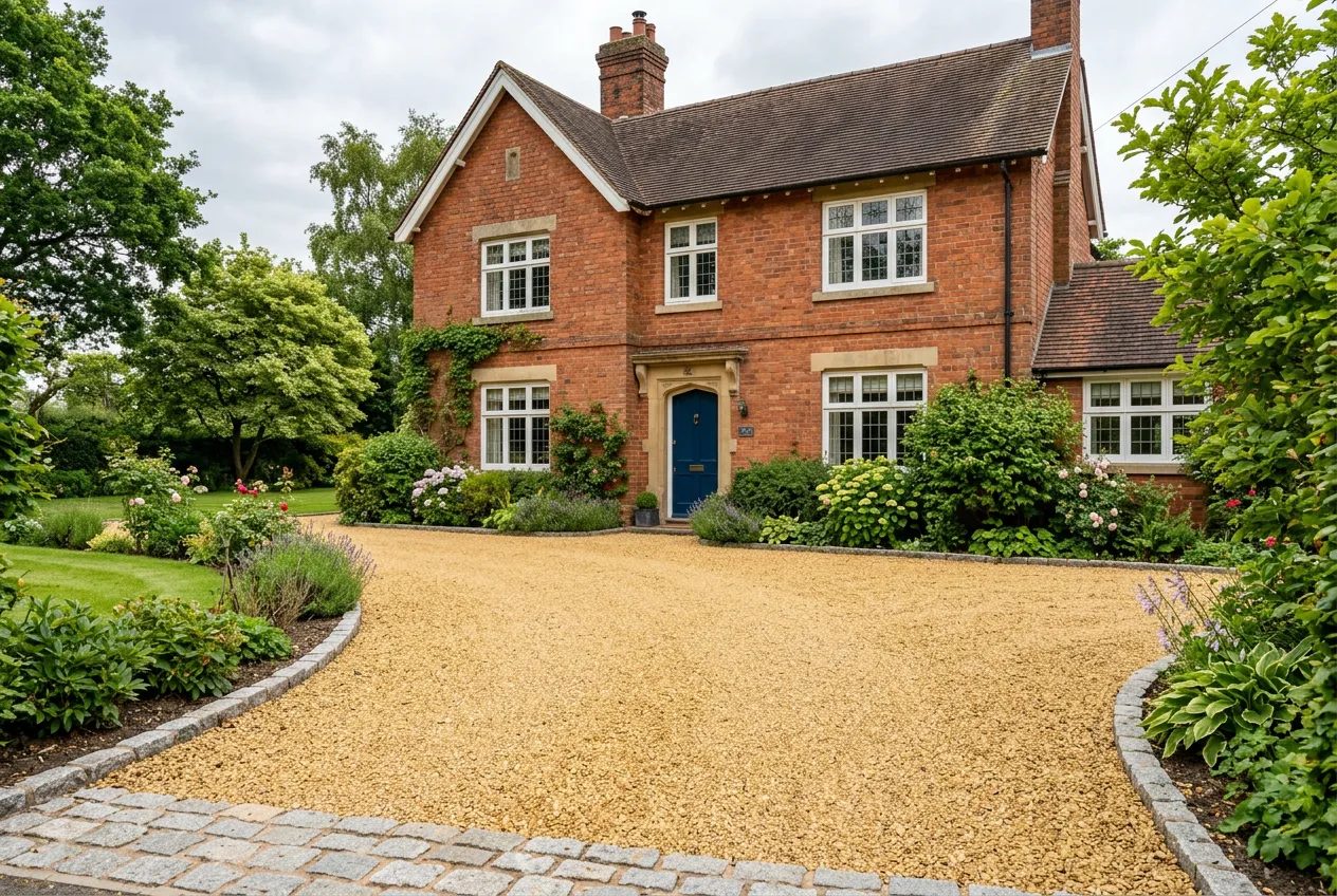 Golden gravel driveway with granite sett edging before a red-brick period house