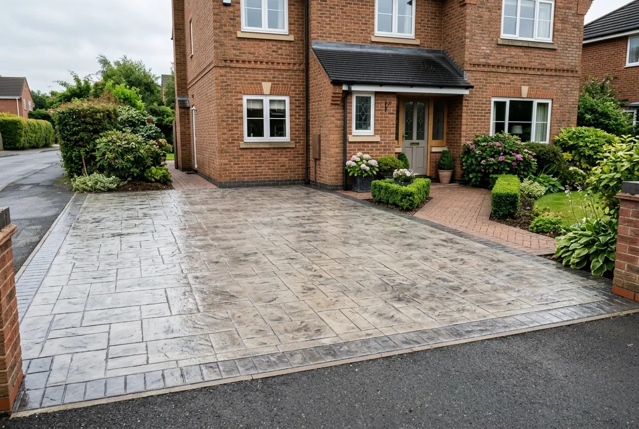 Ashlar slate pattern imprinted concrete driveway in muted grey buff