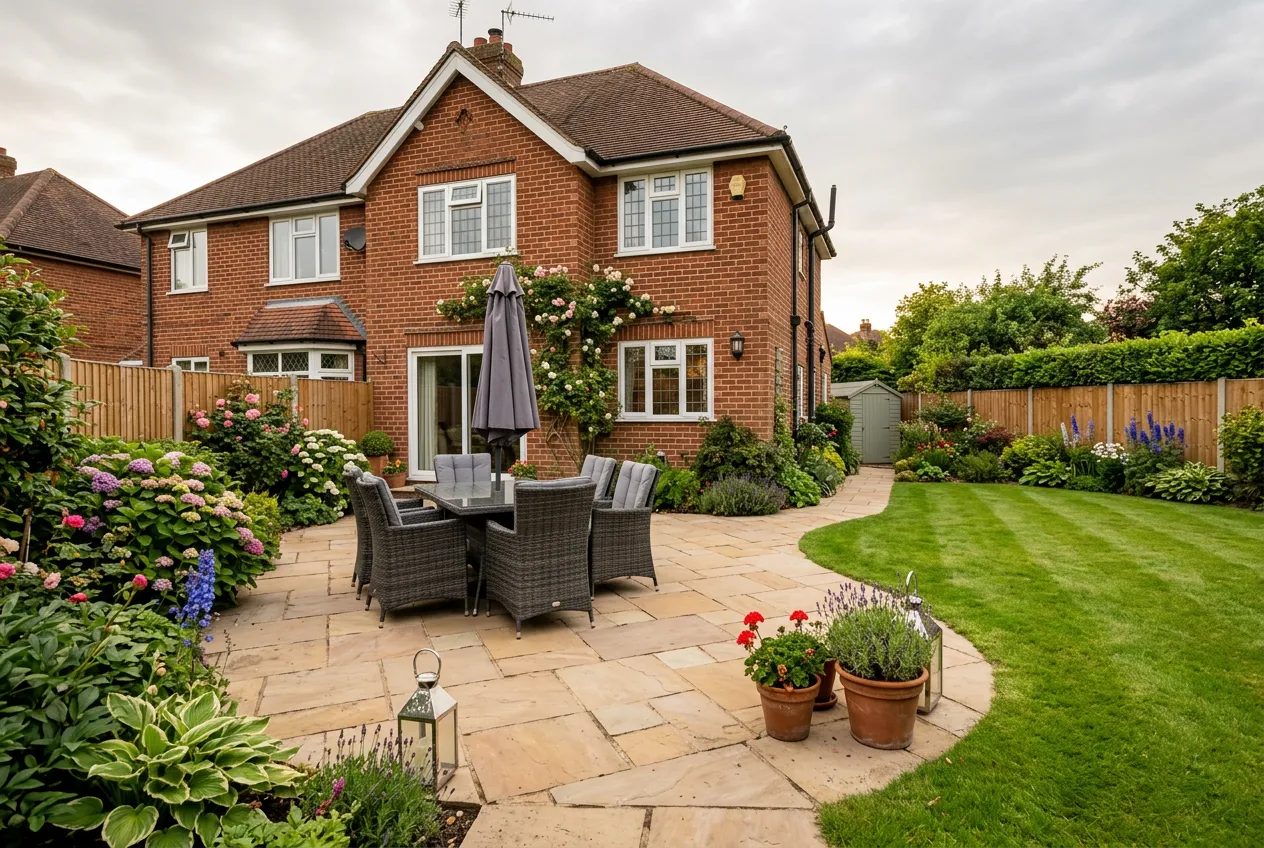 Natural sandstone patio behind a red-brick semi-detached house