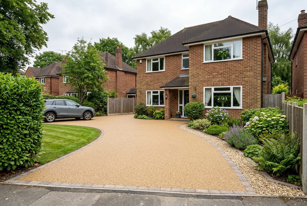Golden resin bound driveway on a post-war brick house