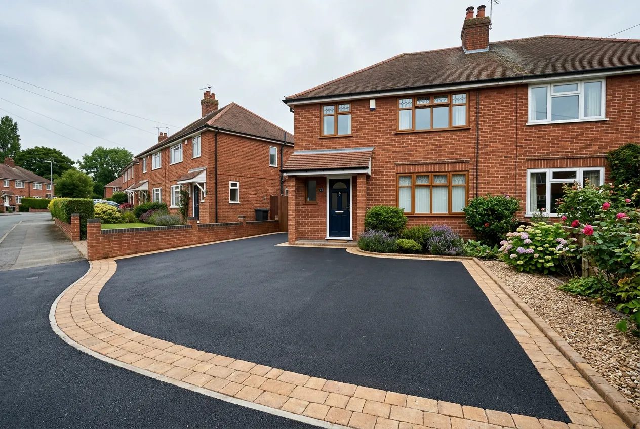 Fresh black tarmac driveway with block paving edging on a red-brick 1930s semi